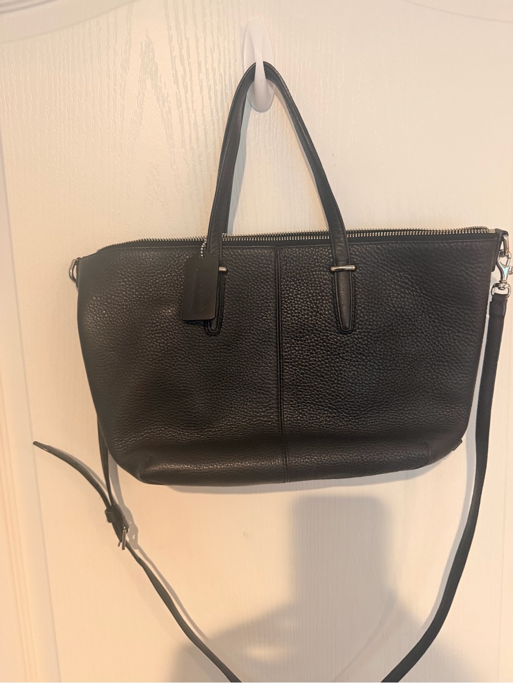 Coach Black Pebbled Leather Tote with Silver Hardware and Logo Tag